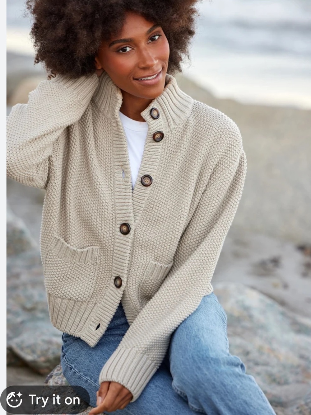 MAGASHONI 🔥 Ivory Button-Front Chunky Cotyon Sweater Jacket